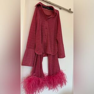 Oseree Pink Feather-Trimmed Set